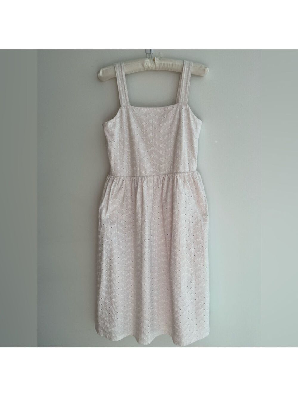 BARBOUR Hopewell Dress Pale Pink Eyelet Straps Fit & Flare Lined Pockets Summer